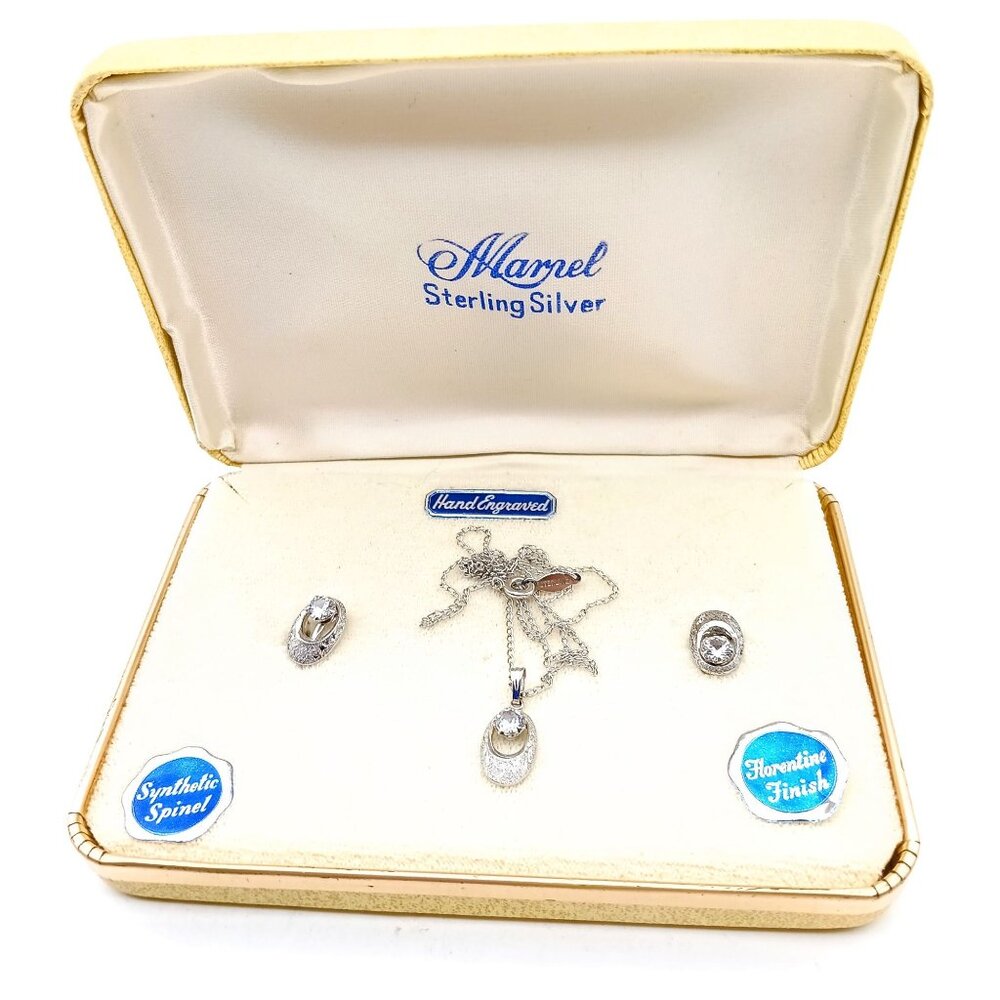 Vintage Marvel Sterling Silver Jewelry Set Hand Engraved Synthetic Spinel Floren